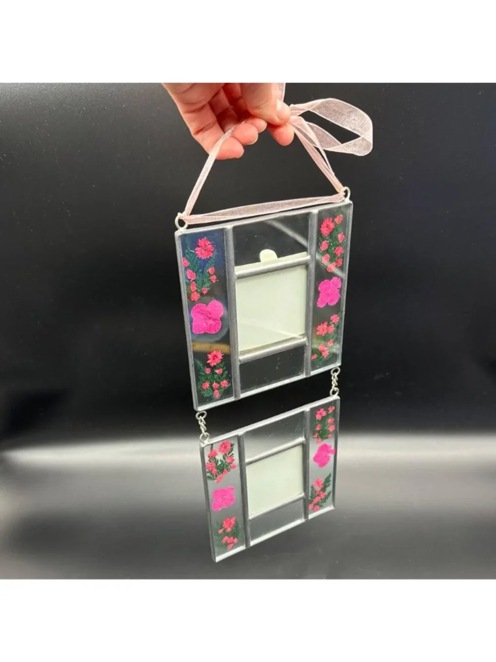 Vintage Hanging Picture Frames Pink Pressed Flowers Pewter Double Photos Cottage